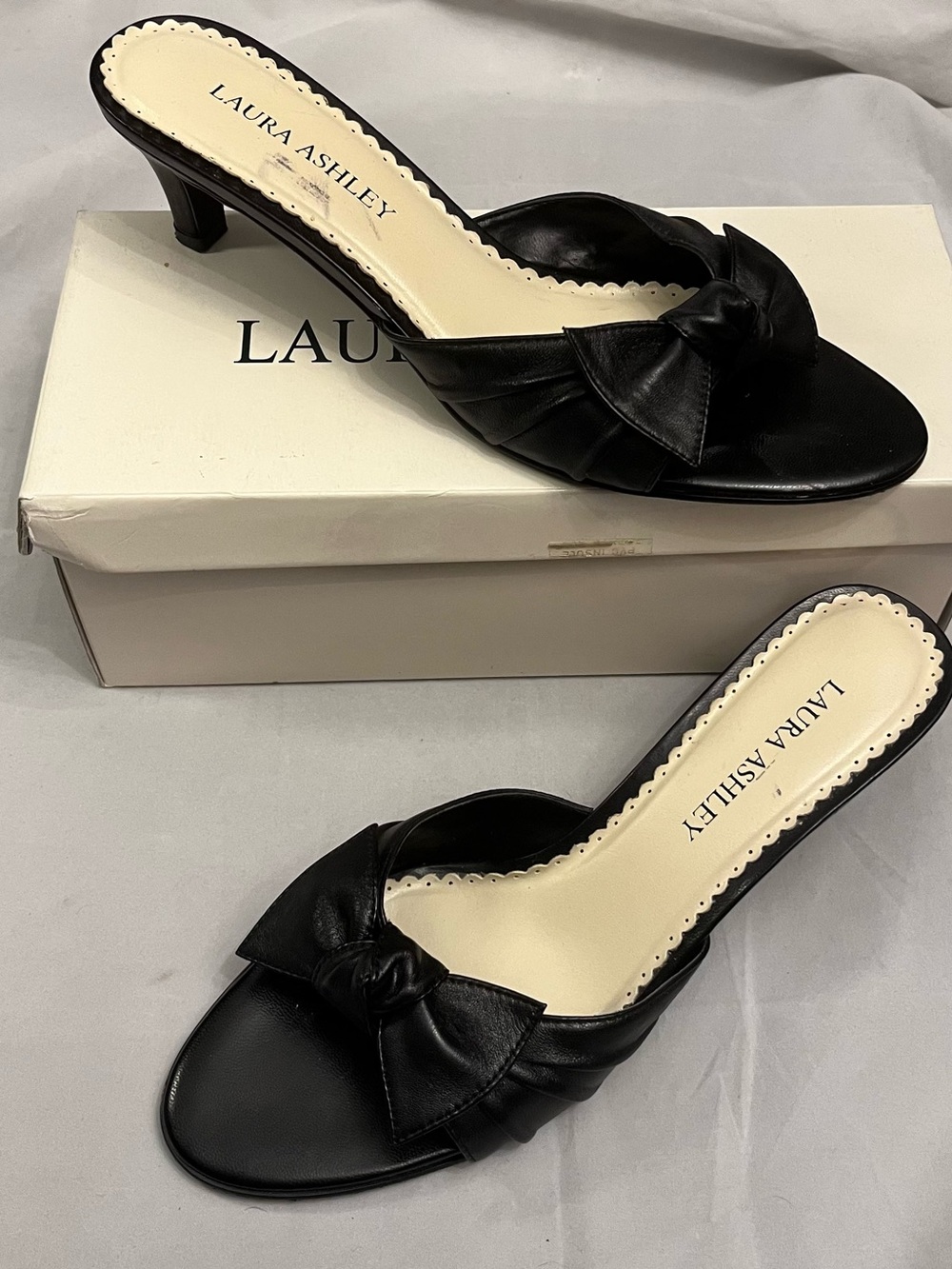Laura Ashley Britney Black Leather Bow Kitten Heel Slide